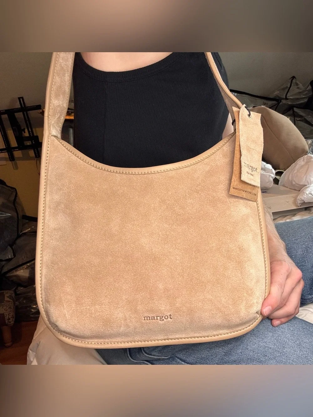 Margot New York Curved Zip Hobo Bag Beige Suede NEW
